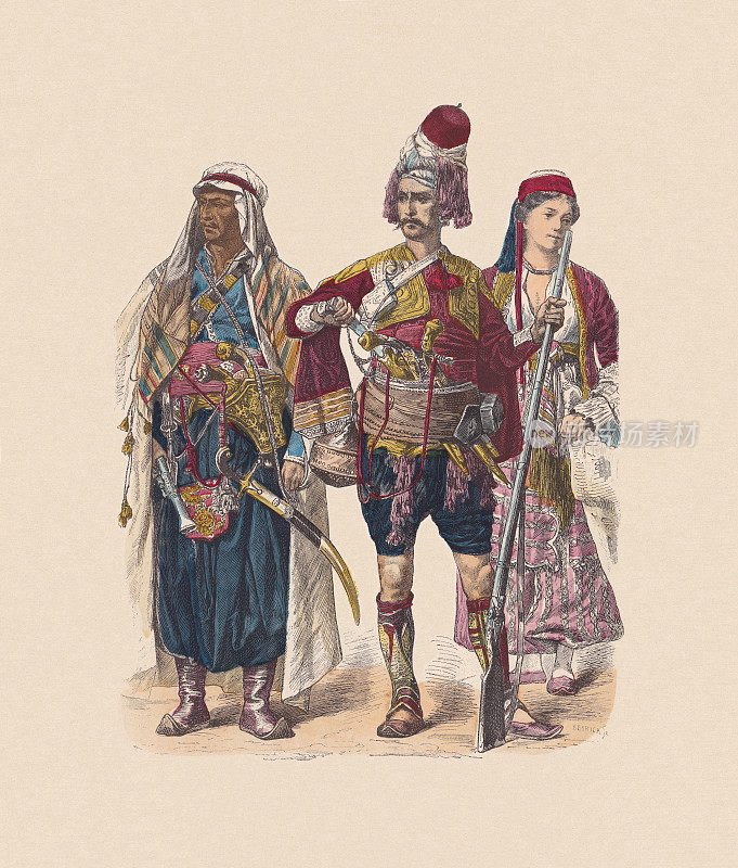 19世纪，亚洲服饰，手工着色木刻，大约出版于1880年