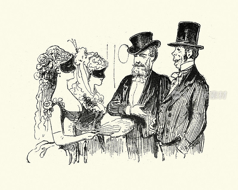 19世纪，维多利亚时代，穿着时髦的男人在化装舞会上与两个女人调情