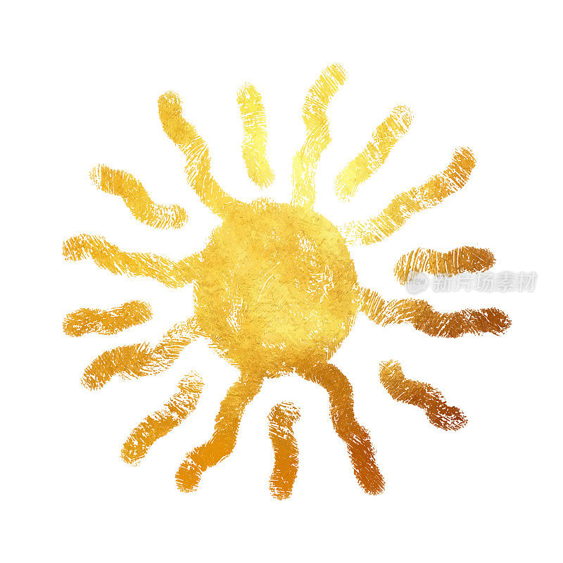 金色的太阳孤立在白色。黄金夏天的概念。金属金色纹理设计元素贺卡和标签，抽象背景。抽象背景与金色闪烁笔触。
