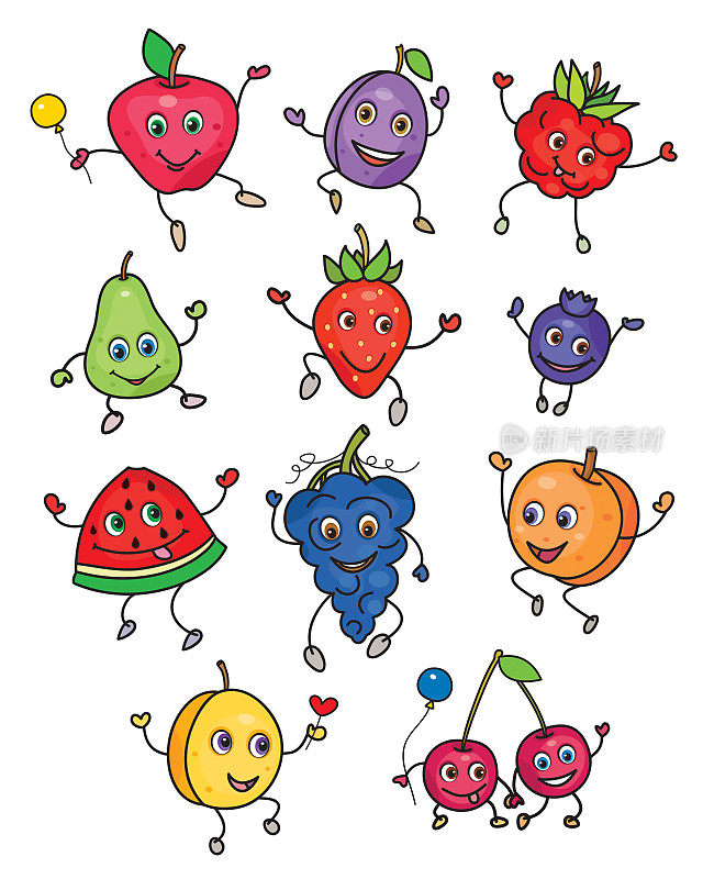 矢量可爱的水果和浆果卡通。