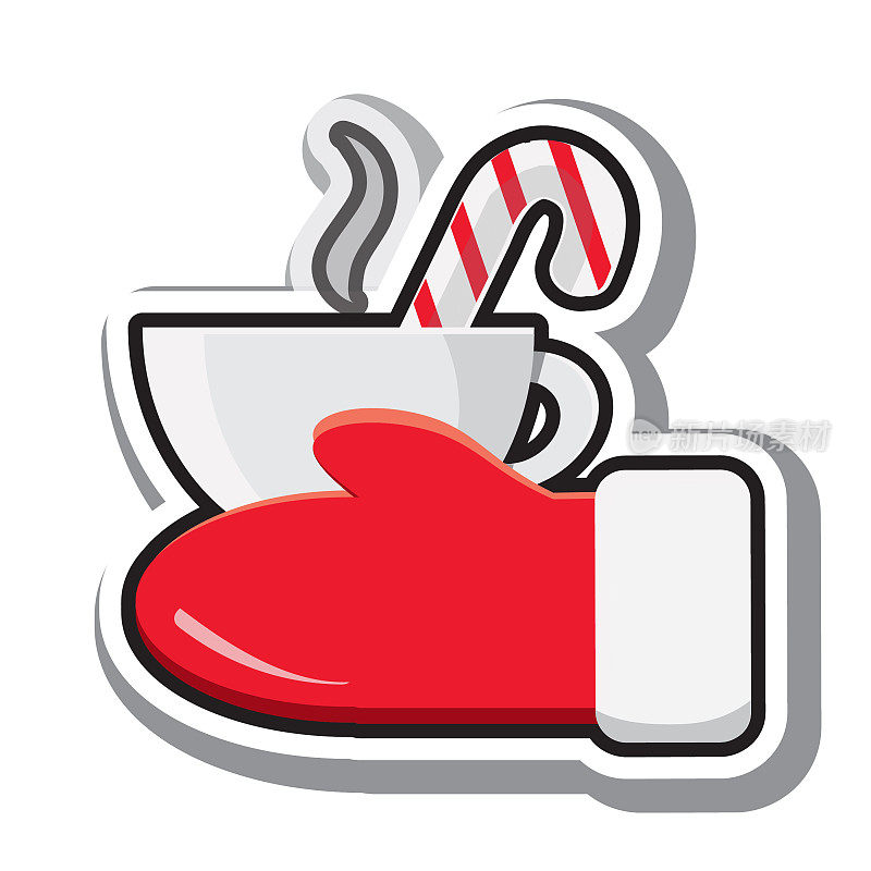圣诞扁平设计图标圣诞手套拿着一杯热巧克力和拐杖糖