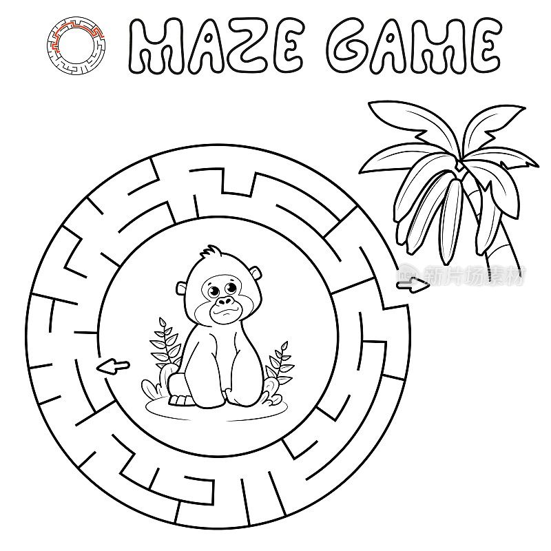儿童迷宫拼图游戏。轮廓圈迷宫或大猩猩迷宫游戏。猴子和香蕉载体插图