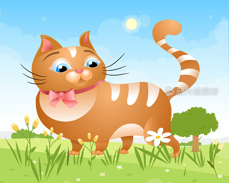 在一个阳光明媚的日子里，一只猫在草地上散步。肥猫和蝴蝶。矢量图