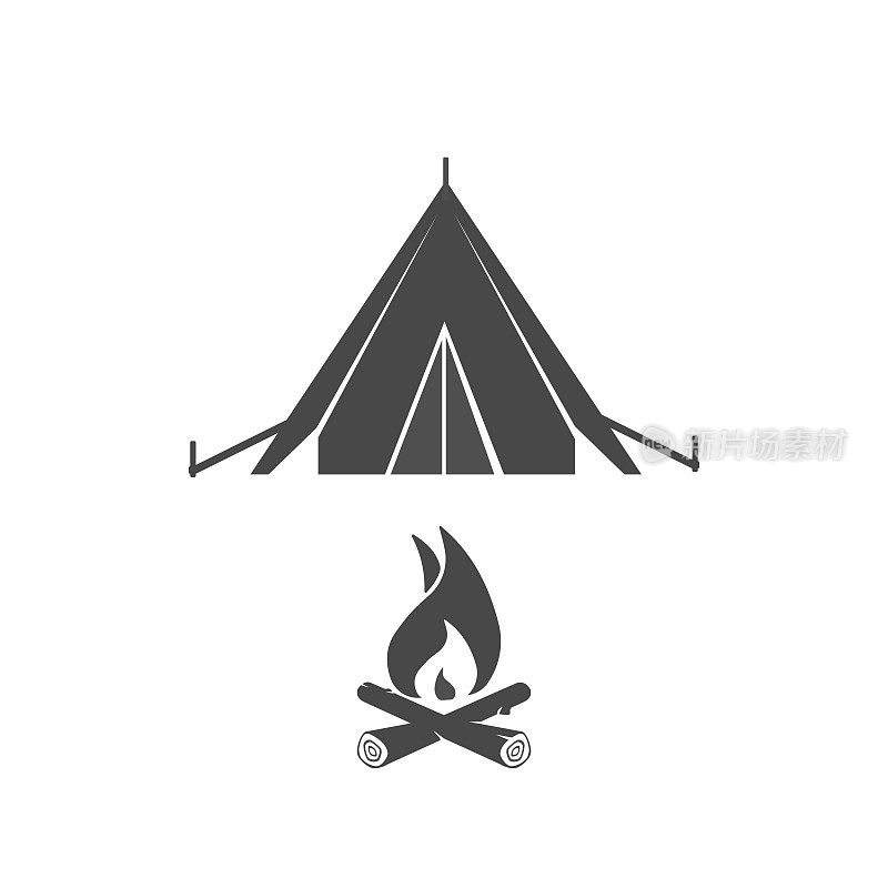 野营帐篷和篝火平坦的黑色图标矢量插图