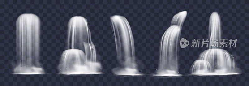 现实的瀑布。孤立的简单和级联的水流动。3D自然景观元素设置。不同的形状和镜头角度。自来水。矢量下降的流溅