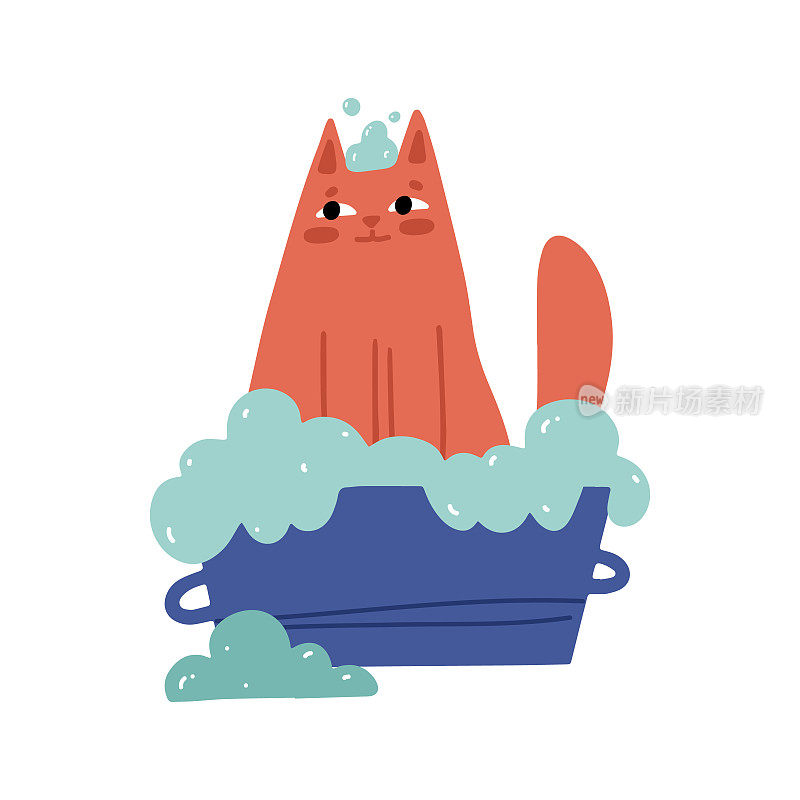 快乐的姜猫坐在有肥皂泡沫的浴缸里。在家或发廊洗衣服。梳理照顾家养动物宠物。平面的卡通矢量插图横幅，不干胶标签和贺卡