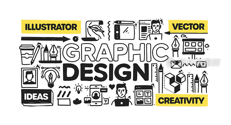 平面设计对象和元素。矢量涂鸦插图收集。手绘图标集或横幅模板