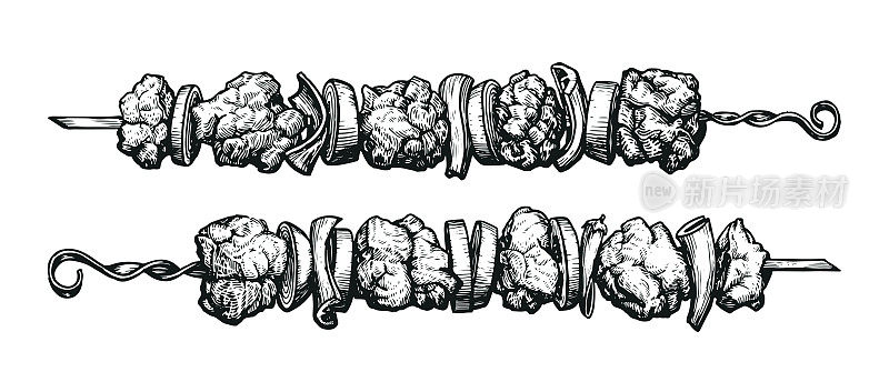 烤肉串，烤肉串在烤肉串上烤。食品肉类手绘矢量插图