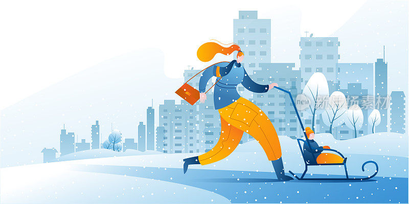 一个穿着暖和衣服的女人带着一个雪橇和一个小孩在走。