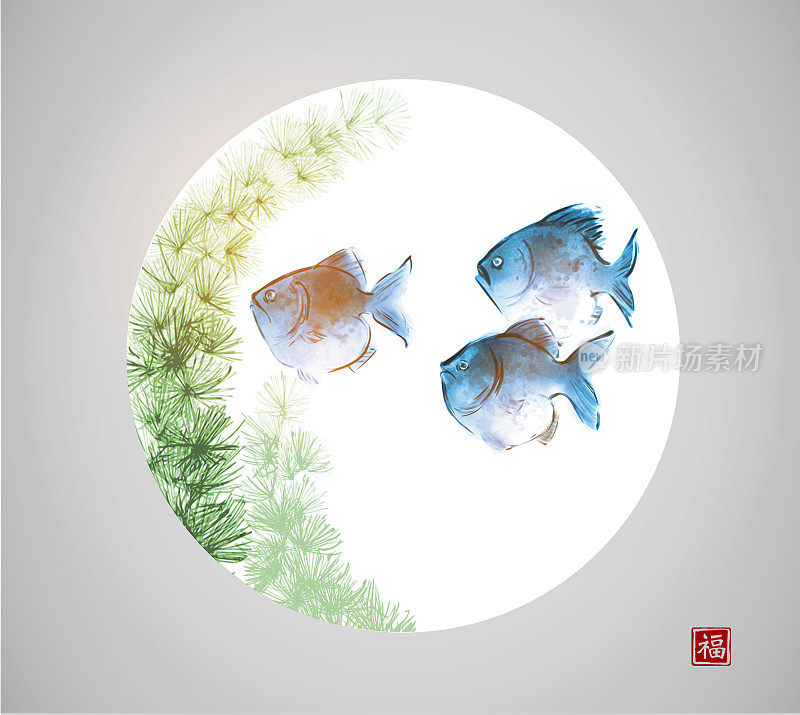 三只蓝色的鱼和绿色的海藻在白色的圆圈在灰色的背景。传统东方水墨画梅花、梅花、梅花。翻译象形文字-好运