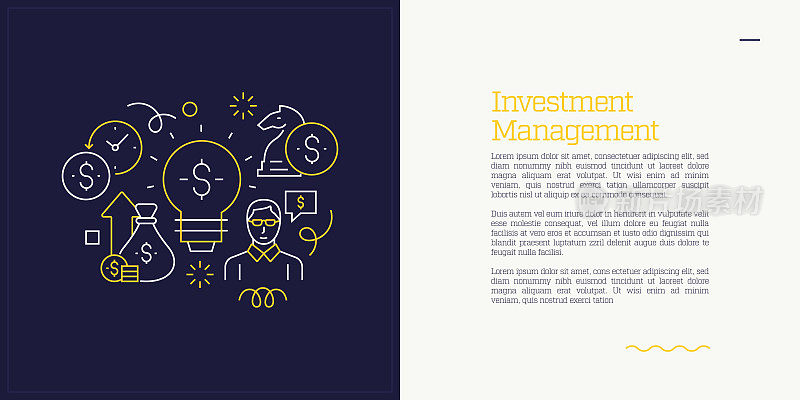 向量集说明投资管理的概念。线条艺术风格的网页，横幅，海报，印刷等背景设计。矢量插图。