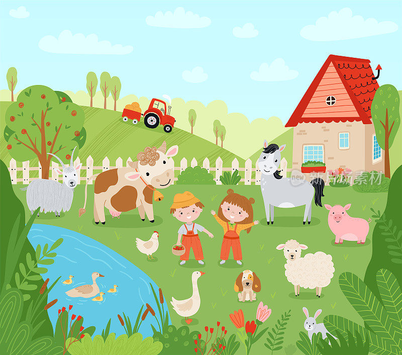景观农场。可爱的背景与农场动物在一个平坦的风格。农民儿童正在收割庄稼。插图与宠物，孩子，磨坊，皮卡，村庄的房子。向量