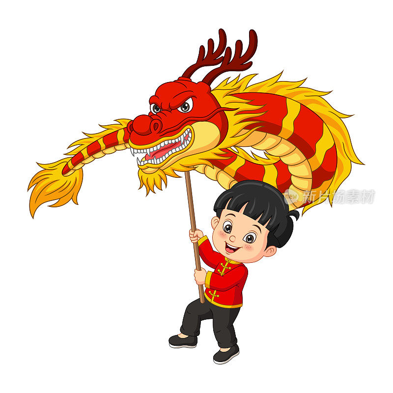 舞狮的卡通中国男孩
