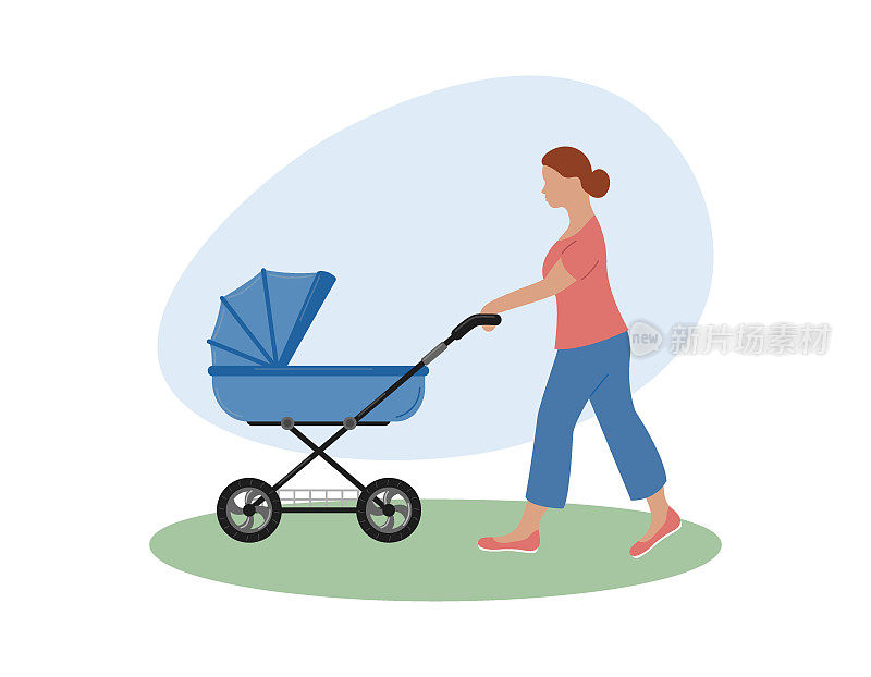 夏天妈妈推着婴儿车走。妇女推着新生儿的婴儿车，小孩的婴儿车。年轻的母亲带着婴儿在公园散步。平面向量插图
