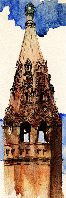 彩色墨水和钢笔的风景素描，古代俄罗斯风格的砖砌钟楼的碎片，带小屋顶窗的圆顶帐篷