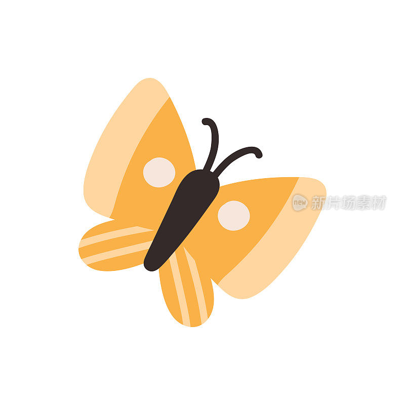 可爱幼稚的蝴蝶与黄色的翅膀孤立在白色的背景。卡通矢量插图。小蝴蝶飞。