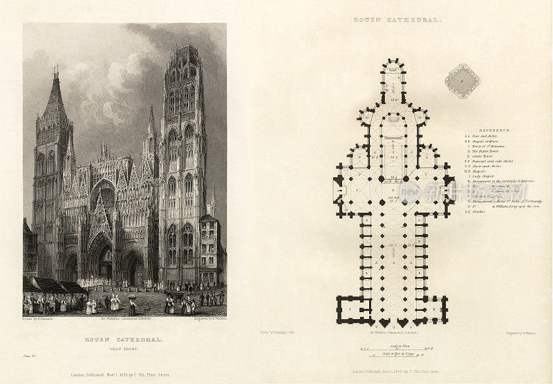 法国大教堂，鲁昂大教堂，鲁昂，法国，古董法国版画，1837年