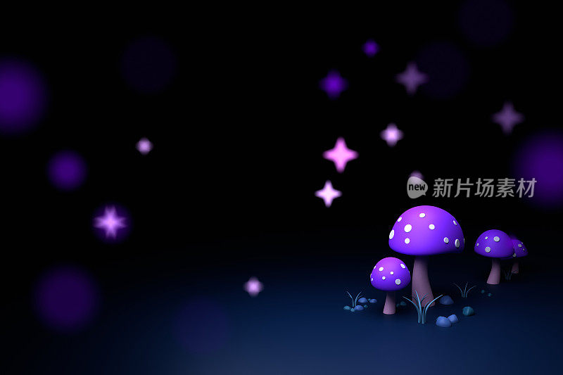 魔法蘑菇场背景-渲染场景与神秘的3d蘑菇在黑暗中