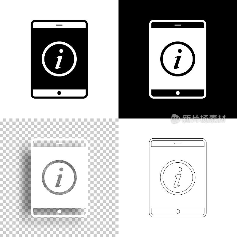 带有信息标志的平板电脑。图标设计。空白，白色和黑色背景-线图标