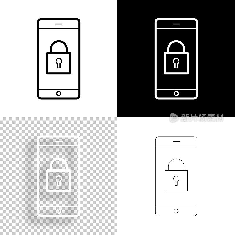 智能手机用挂锁。图标设计。空白，白色和黑色背景-线图标