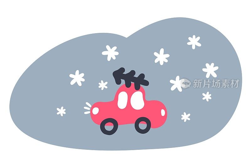冬季涂鸦插图的汽车载着圣诞树在下雪。完美的t恤，纺织，印刷，装饰和设计。