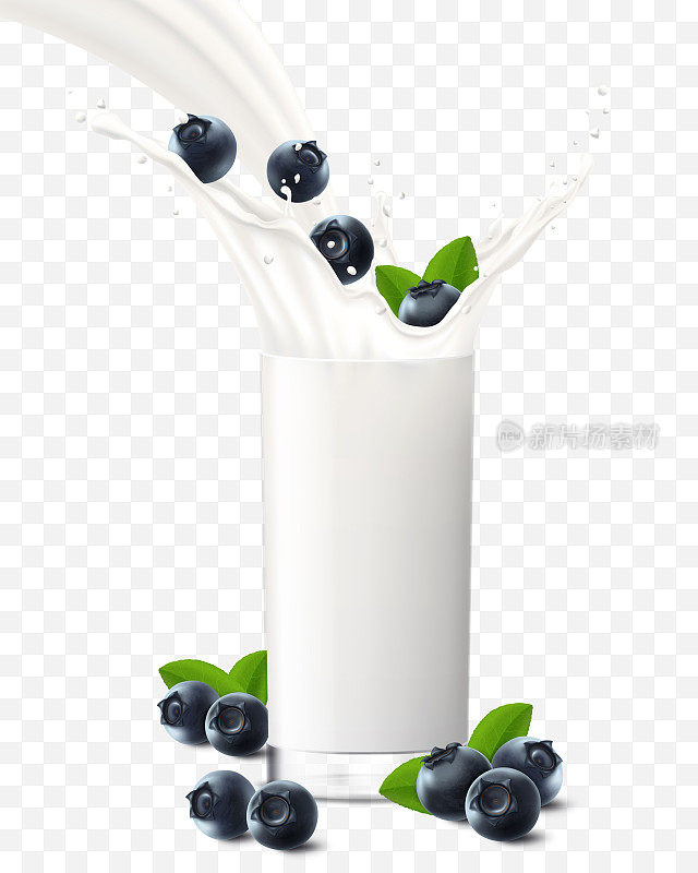 蓝莓掉在一杯牛奶或酸奶里。水果奶昔广告横幅，酸奶喷射，飞行滴，白色饮料在玻璃杯，现实的3d矢量插图，孤立在透明背景。