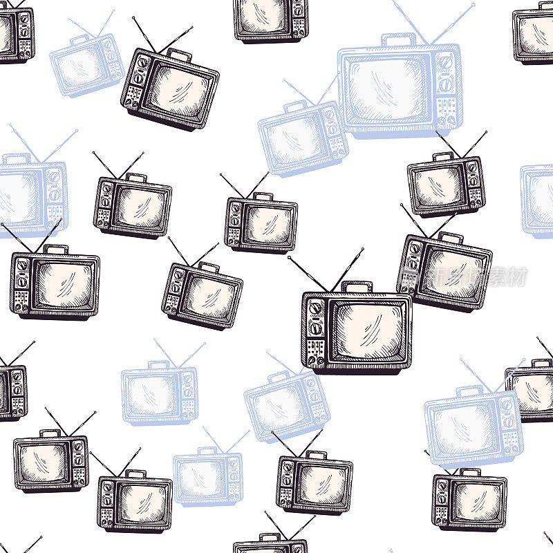 复古电视与天线雕刻无缝图案。复古电视手绘风格。
