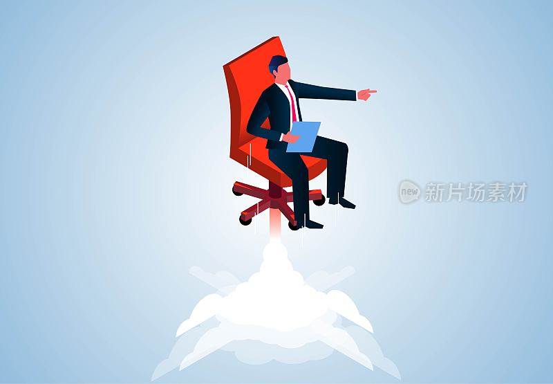 商人坐着喷气式飞机飞向天空的办公椅，晋升，商业地位的提升，自我的提升