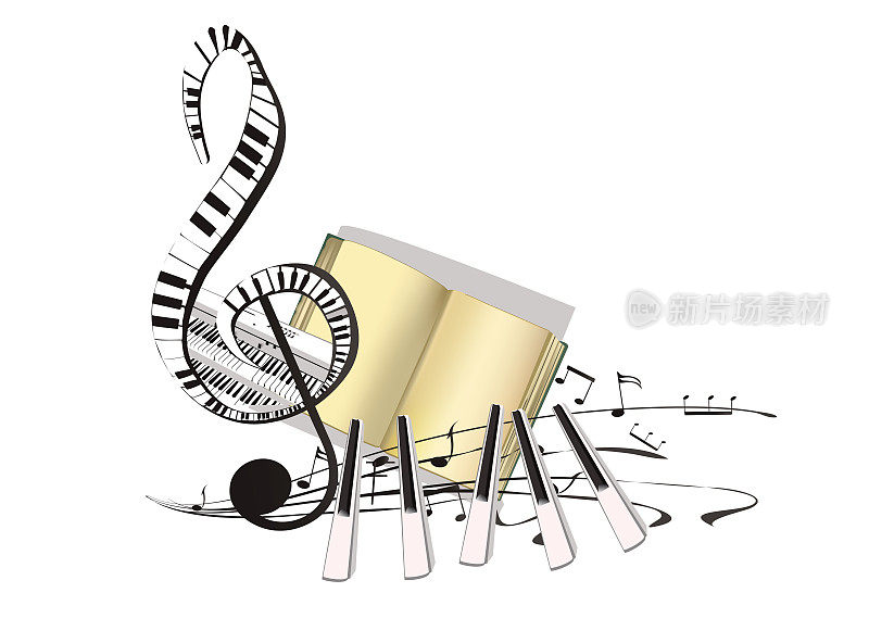 抽象的音乐设计有高音谱号和音乐波、钢琴音符。