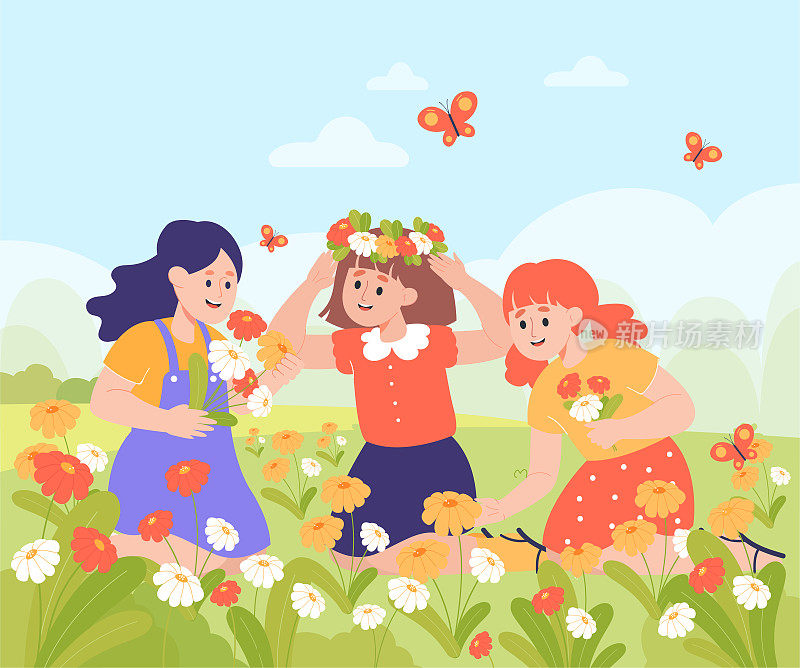 可爱的卡通女孩在草地上摘花