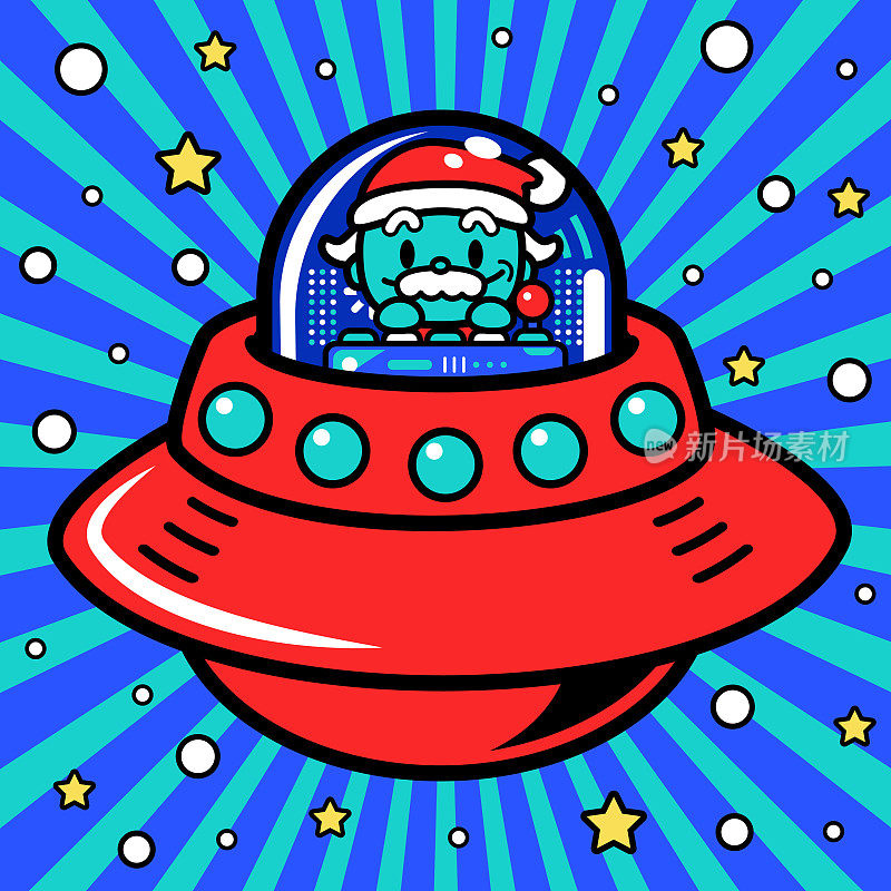 一个可爱的圣诞老人正驾驶着无限动力宇宙飞船或UFO进入超宇宙