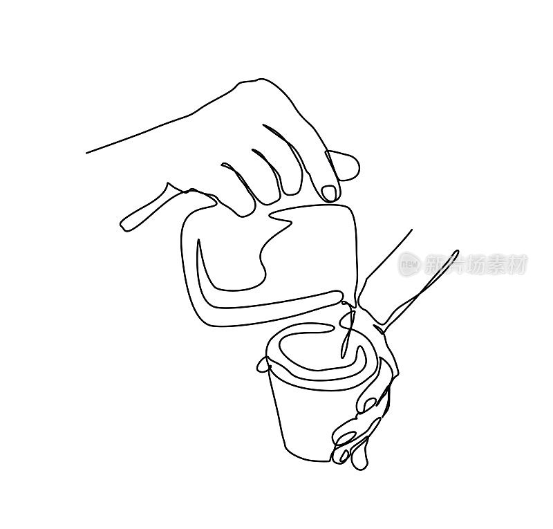 连续画出手往杯子里倒咖啡的线条。咖啡拿铁艺术线条与主动中风。手绘极简主义风格。