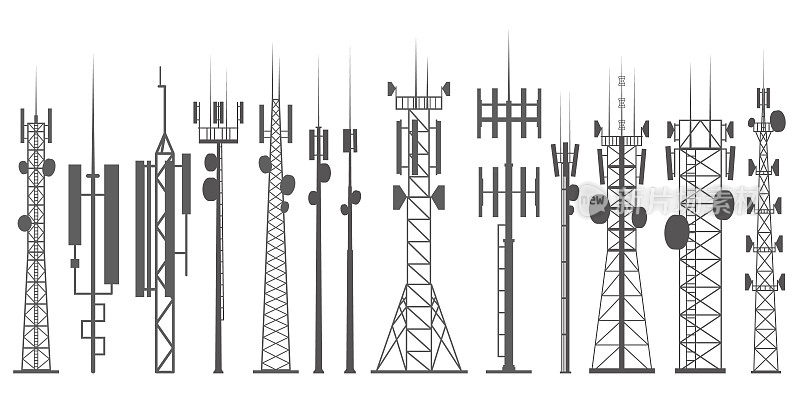 电话塔集。互联网络。无线电天线和蜂窝通信结构。矢量轮廓轮廓插图。