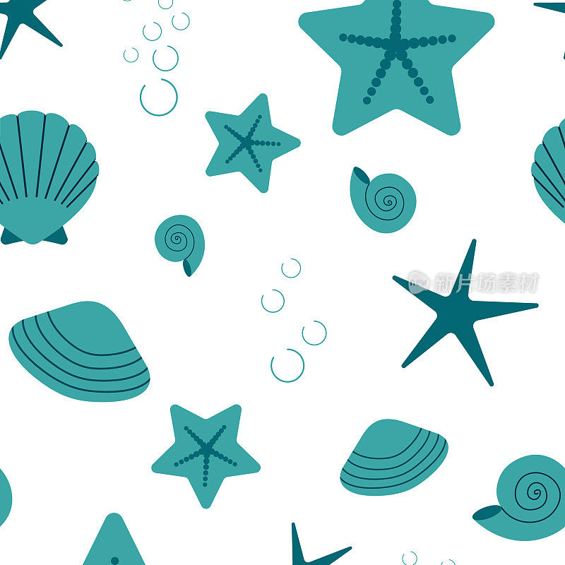 海洋图案、贝壳、海星、泡泡。卡通矢量插图。
