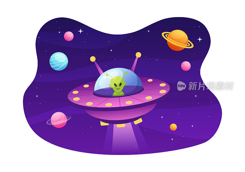 不明飞行物飞行宇宙飞船与光线在天空夜景和外星人在平面卡通手绘模板插图