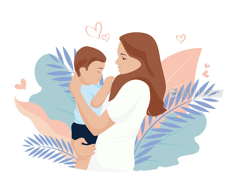 矢量插图的母亲抱着她的儿子在她的手臂。祝您母亲节快乐。