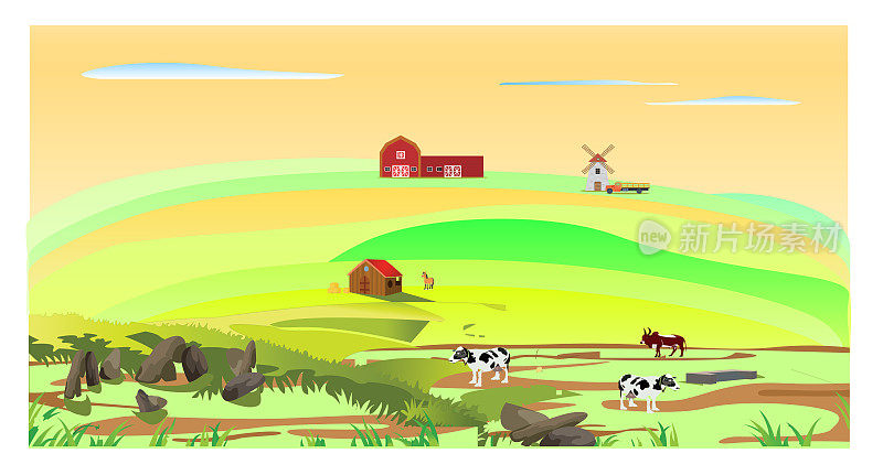 中午在开阔的草原上的农舍。乡村生活的概念。向量预展。