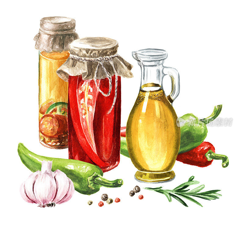 自制罐装辣椒，水彩手绘插图，孤立在白色背景