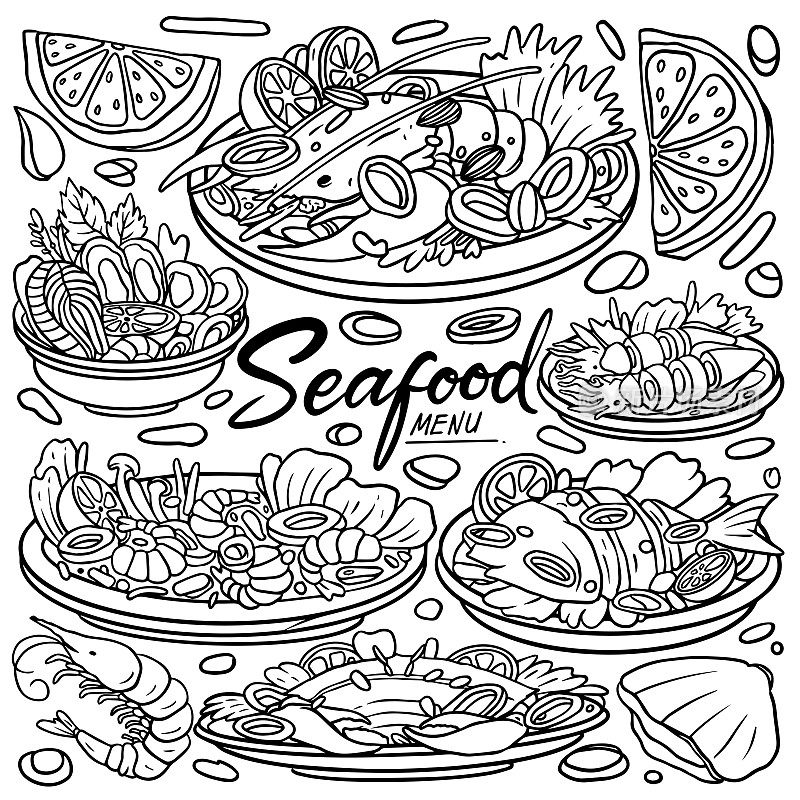 手绘一套海鲜插图，龙虾，螃蟹，牡蛎，贻贝，鱿鱼和虾。海鲜涂鸦孤立在白色背景。矢量图