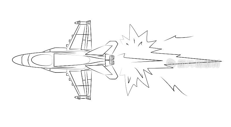战斗机、军用飞机。喷气式飞机在过渡到超音速的瞬间以漫画的风格绘制。空战。高速机动困难。素描，极简风格的直线轮廓