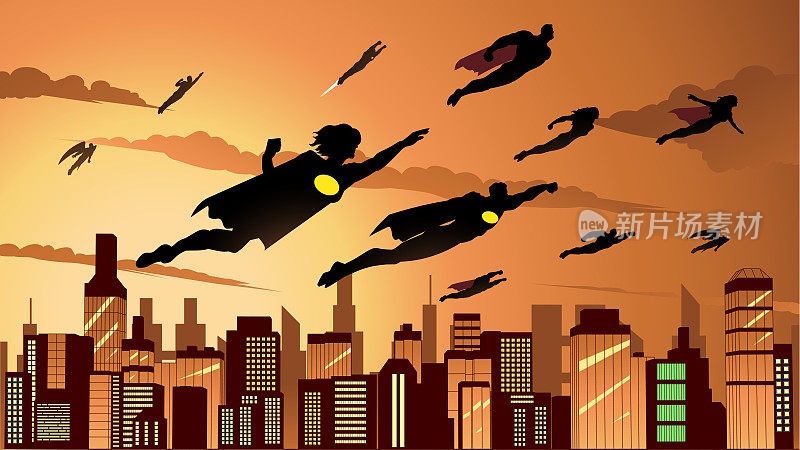 矢量超级英雄剪影飞行在城市天际线在黄昏股票插图
