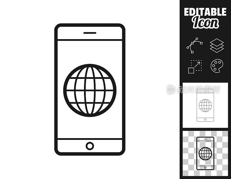 与全球智能手机。图标设计。轻松地编辑
