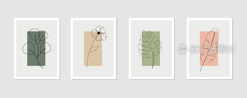 植物墙艺术向量集。抽象造型叶线艺术画。抽象植物艺术设计的印刷，封面，墙纸，简约和自然的墙壁艺术。矢量插图。