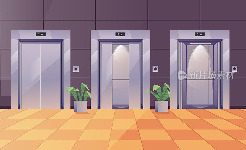 电梯电梯门闭式和开放式办公商务中心酒店大厅室内概念。矢量平面设计插画元素