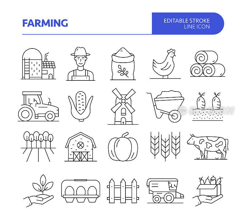 农业和农业相关的线矢量图标集。可编辑的中风。农民，收割，乡村景象，耕种。