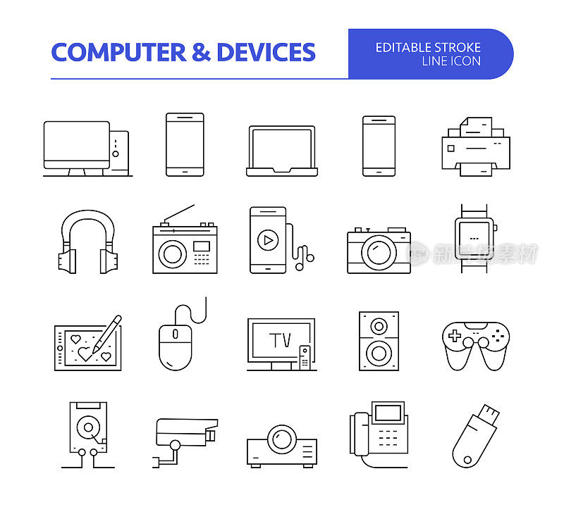 计算机和设备相关的线矢量图标集。可编辑的中风。采购产品打印机，耳机，相机，游戏机，图形平板，安全相机。