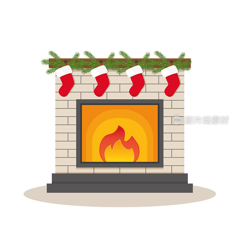 圣诞袜上的壁炉装饰冷杉树