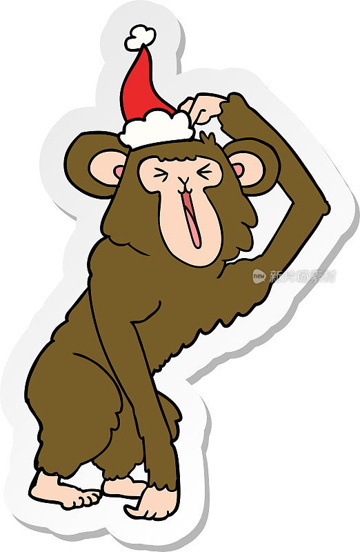 一只戴着圣诞老人帽子的黑猩猩抓挠头的手绘贴纸卡通