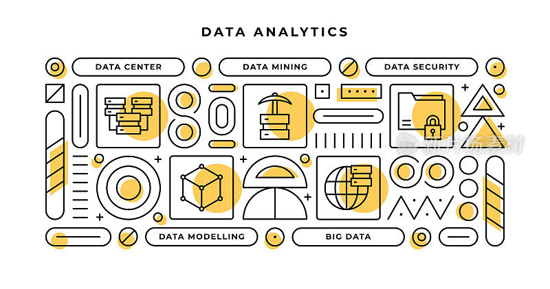 数据分析信息图概念与几何形状和数据中心，数据挖掘，数据安全，大数据线图标