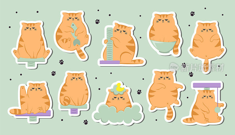 收集贴纸的可爱有趣的暴躁的姜猫。猫坐着，睡觉和玩猫的房子。可爱有趣的卡通猫在不同的姿势。